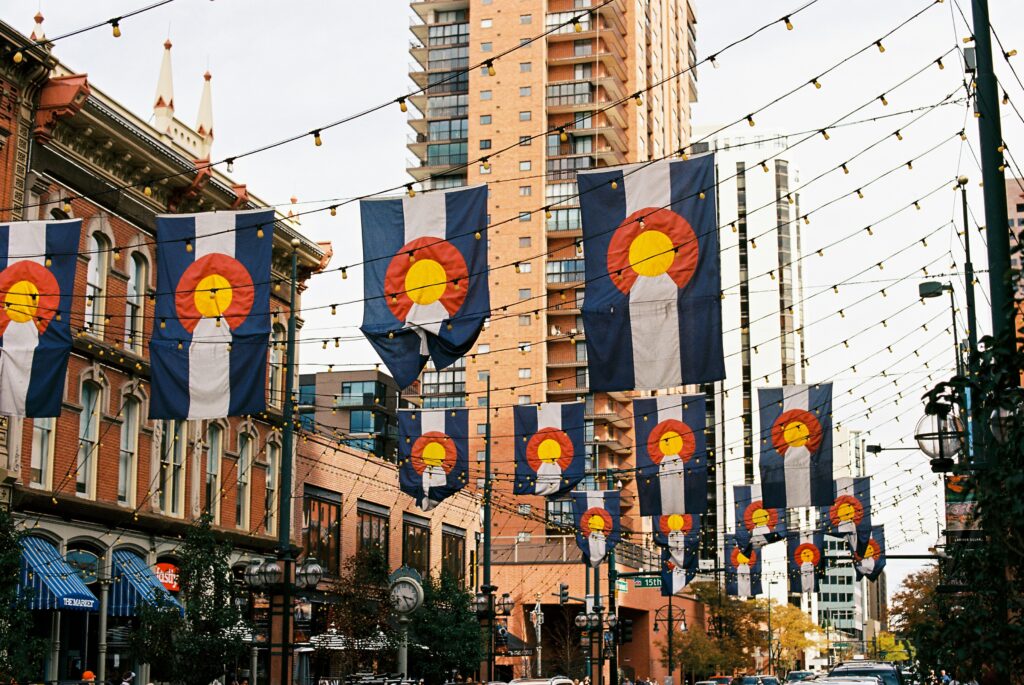 Yellow, Red and Blue Street lanterns in Denver Colorado